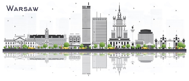 Warsaw Poland City Skyline with Gray Buildings Isolated on White Background. Vector Illustration. Business Travel and Tourism Concept with Historic Architecture. Warsaw Cityscape with Landmarks.