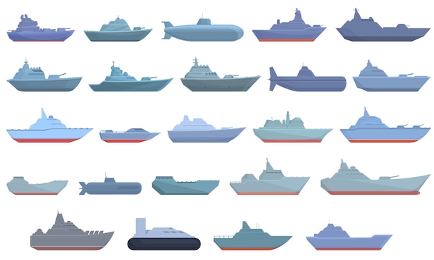 Warship icons set cartoon vector Military carrier