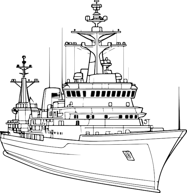 Warship navy vector line art solid white background