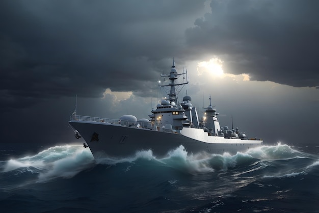 Vector warship in the stormy sea 3d illustration