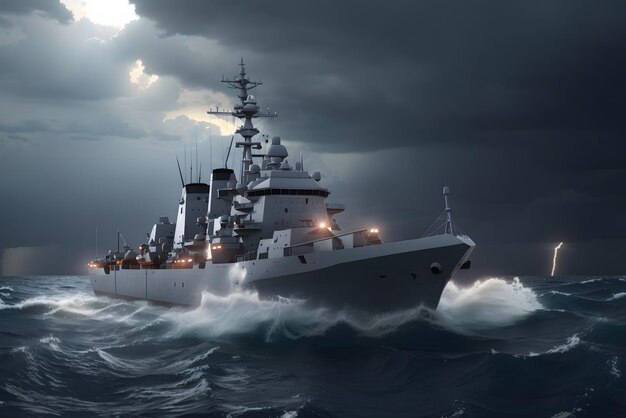 Vector warship in the stormy sea 3d illustration