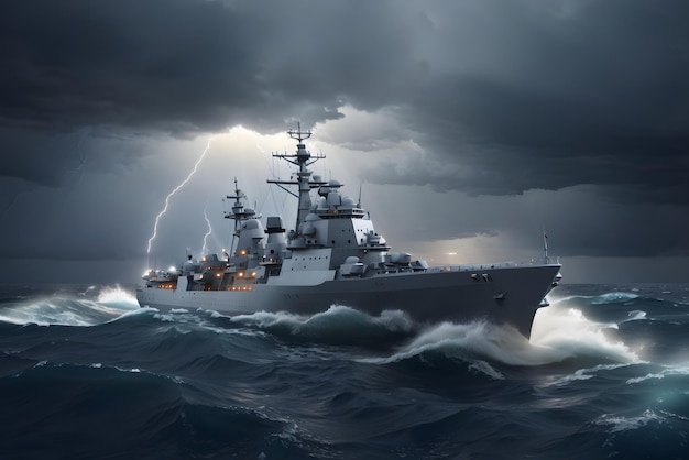 Vector warship in the stormy sea 3d illustration