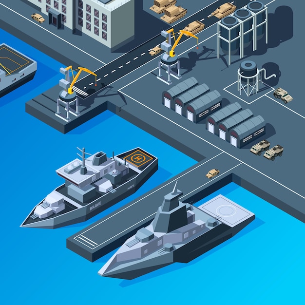 Warships on the pier. American navy isometric pictures set.