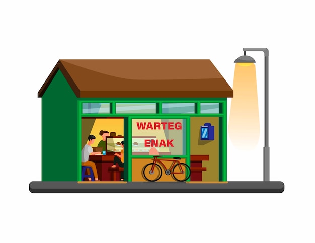 Warteg Indonesian traditional restaurant building concept in cartoon illustration vector isolated