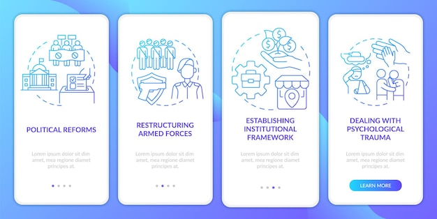 Wartorn nation restoration blue gradient onboarding mobile app screen