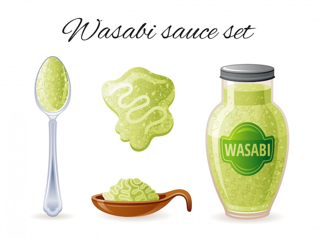 Wasabi asian sauce icon set with bowl, sauce bottle, spoon, splash.