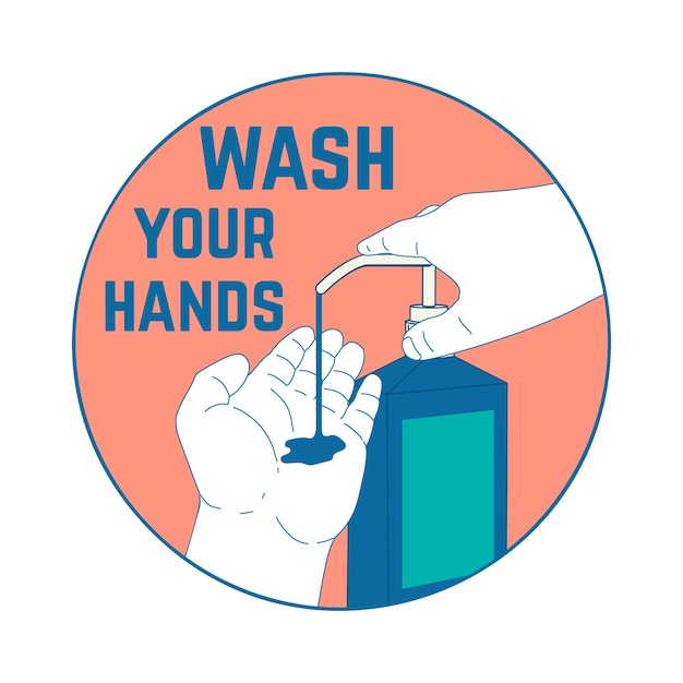 Wash your hands Illustration with human hands and bottle of disinfectant liquid soap Design element for poster card banner flyer emblem sign Vector illustration