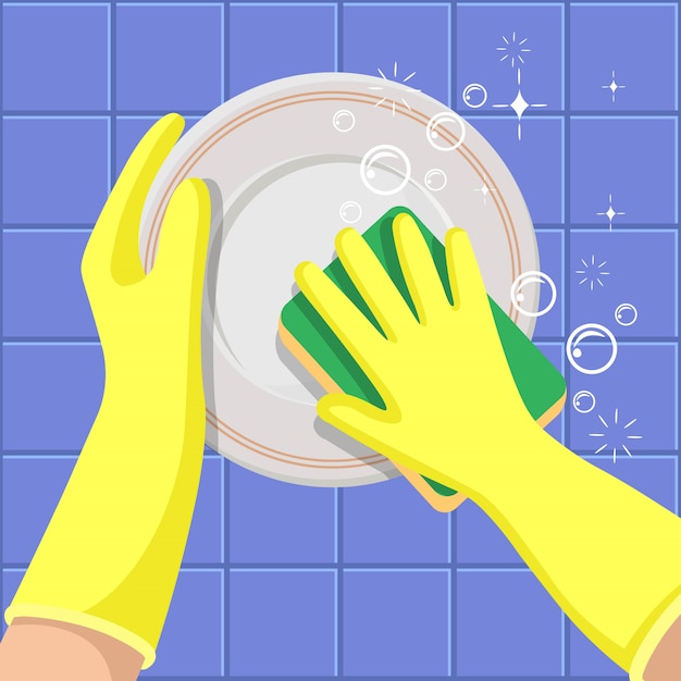 Washing dishes. The hands in a yellow gloves with sponge washes a dish. A concept for cleaning companies.