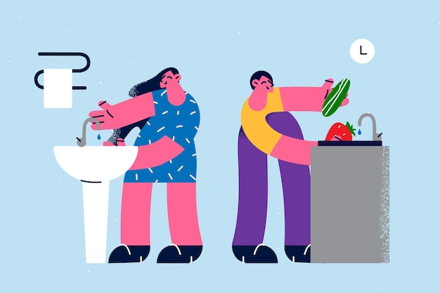 Washing goods and hygiene concept. Young woman and man cartoon characters standing near sinks with running water and washing fruits vegetables and hands cleaning vector illustration