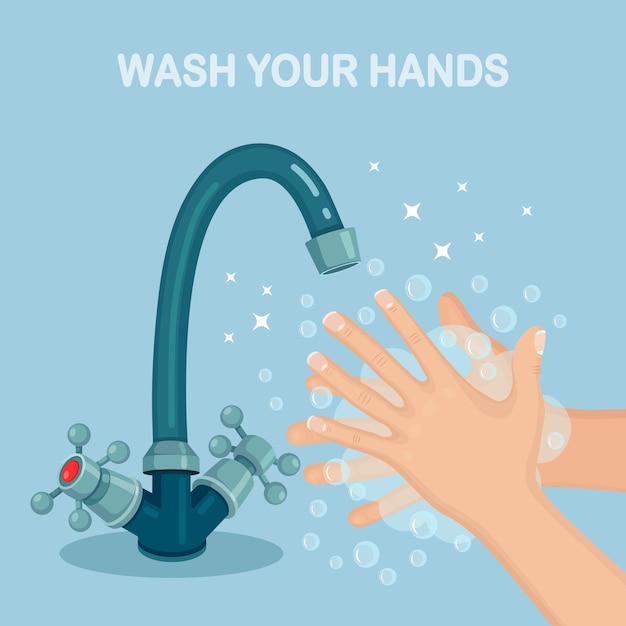 Washing hands with soap foam, scrub, gel bubbles. Water tap, faucet leak. Personal hygiene, daily routine concept. Clean body.   