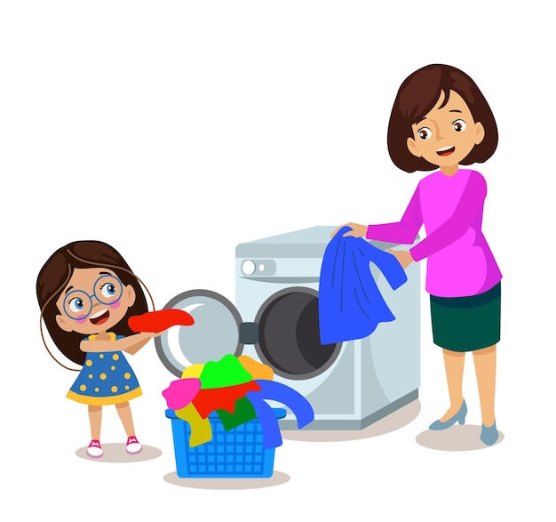 Washing machine cute little girl helps her mother wash her clothes