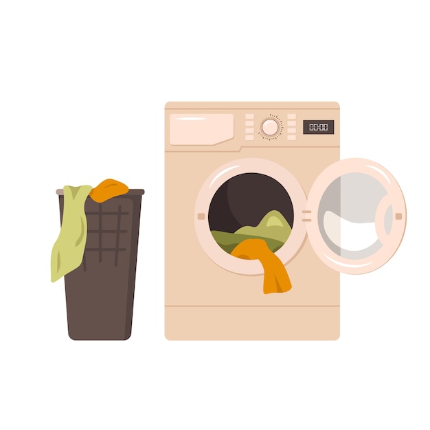 Washing machine icon and basket for dirty clothes Front view of appliances in bathroom