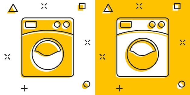 Washing machine icon in comic style Washer cartoon vector illustration on white isolated background Laundry splash effect business concept