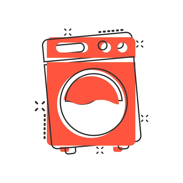 Washing machine icon in comic style Washer cartoon vector illustration on white isolated background Laundry splash effect business concept