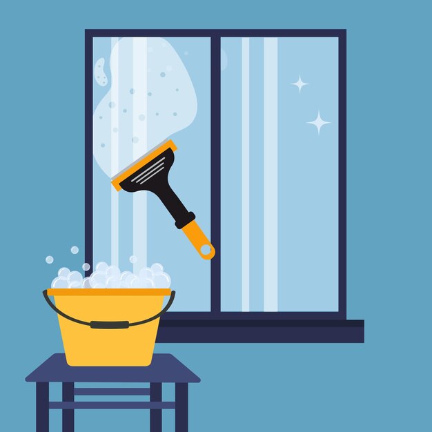 Vector washing windows with an orange window squeegee with a yellow bucket of soapy water standing nearby a