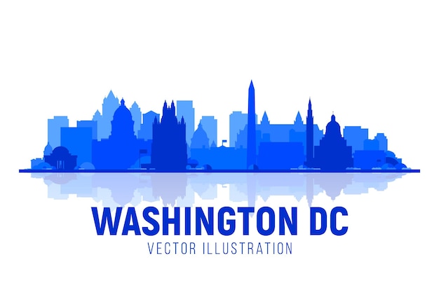 Washington DC, (USA) city skyline vector illustration at sky background. Business travel and tourism concept with modern buildings. Image for presentation, banner, web site.