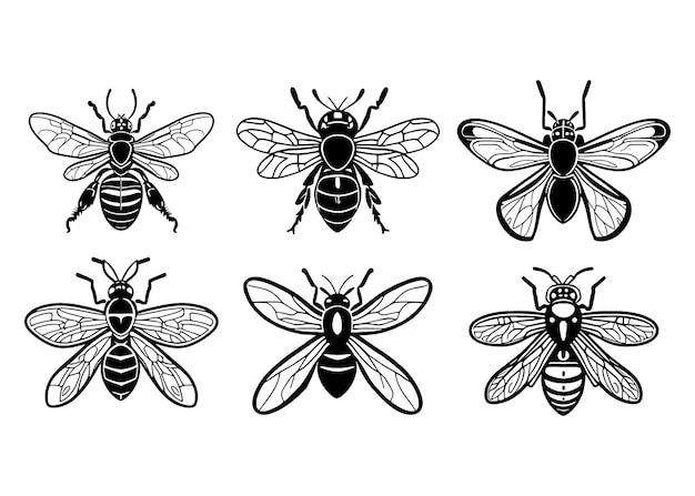 Wasps vector logo set simple design black and white stencil insects