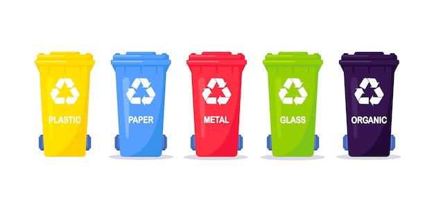 Waste collection, segregation and recycling. Garbage separated into different types and collected into waste containers. Each bin for different material