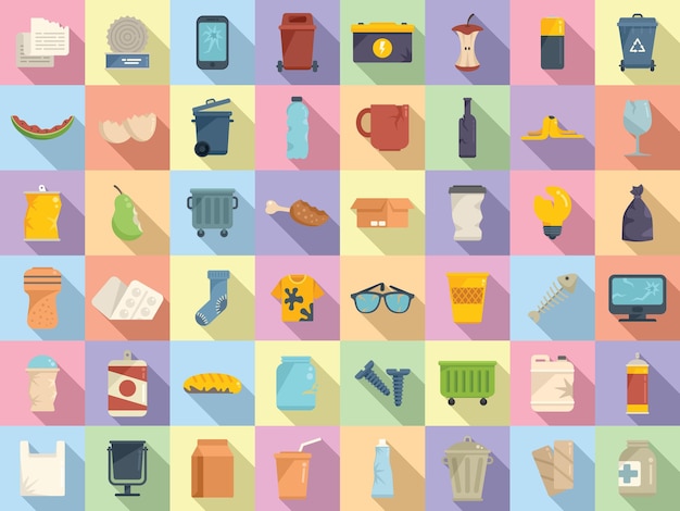 Waste icons set flat vector. Garbage food