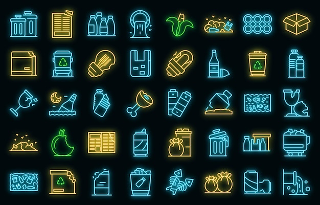 Waste icons set vector neon