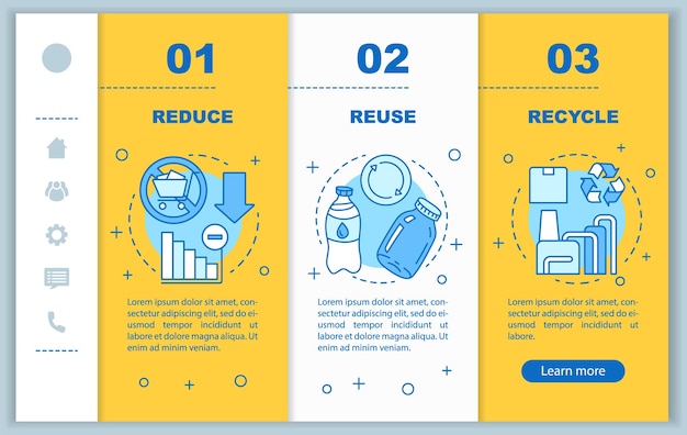 Waste management onboarding mobile web pages vector template. Responsive smartphone website interface idea with linear illustrations. Webpage walkthrough three step screens. Color concept