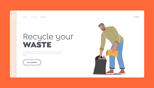 Waste Recycling Landing Page Template Senior Volunteer Male Character Clean Garbage from Ground Man Collecting Trash