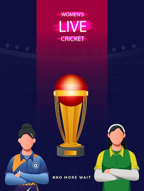 Watch Live Of Women's Cricket Match Between India VS South Africa With Faceless Players 3D Winning Trophy Cup On Red And Blue Background