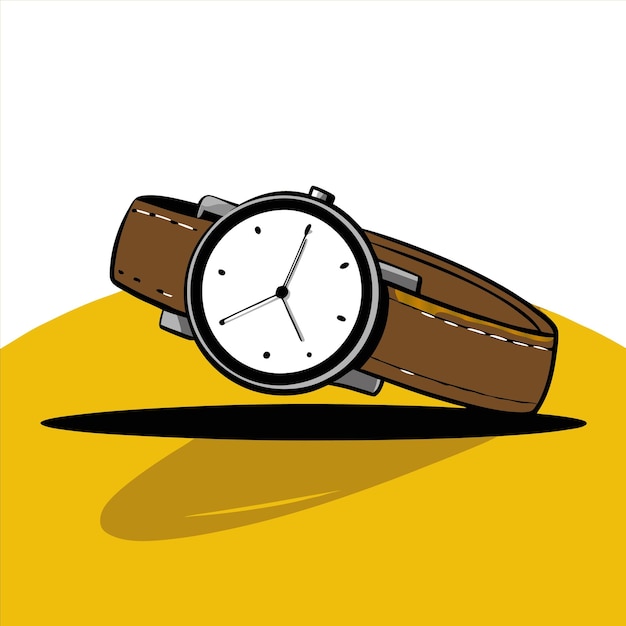 Vector a watch with a white face and brown leather band is laying on a yellow surface