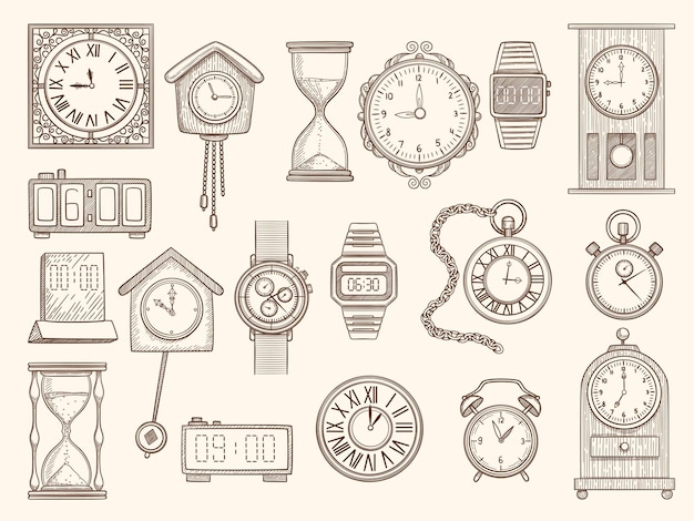 Watches set. Drawing clocks timers alarms pictures collection.