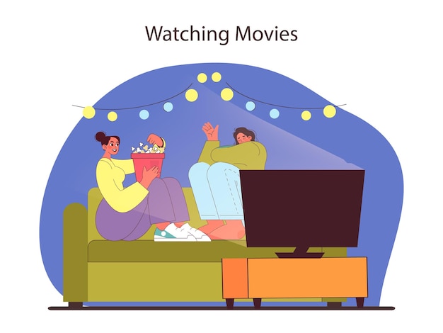 Watching movies concept friends sharing a cozy movie night at home with popcorn relaxed and cheerful