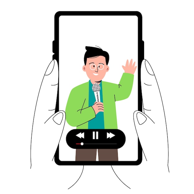 watching play video speaker presenting while holding microphone in smart phone device screen