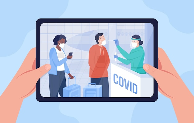 Watching video on travel safety flat color vector illustration. Health precaution. News on airport check in during covid pandemic 2D cartoon tablet in hands with abstract background