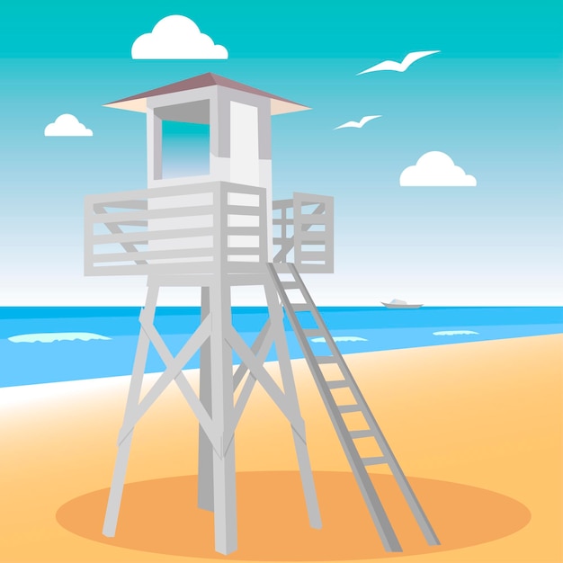 Watchtower for lifeguards on the beach Sunny day on the coast with a hut for watching the sea