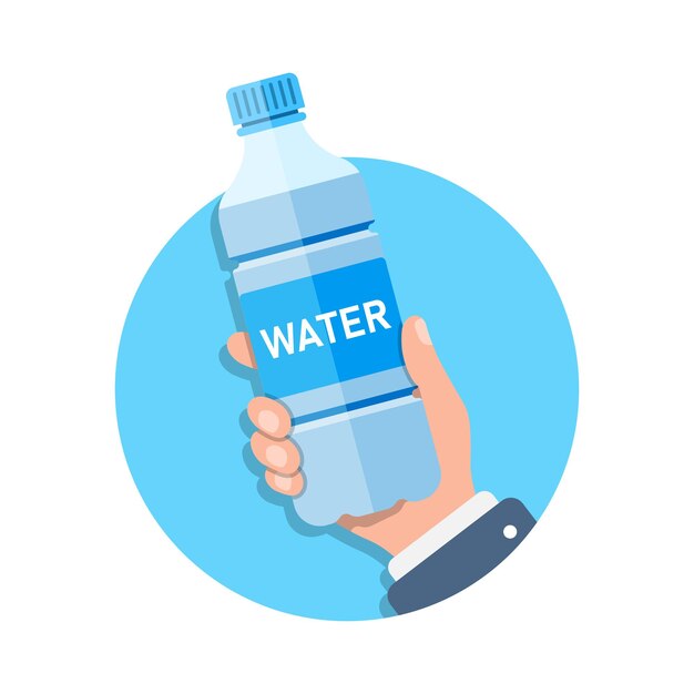 Water bottle in hand icon in flat style Fitness drink vector illustration on isolated background Healthy beverage sign business concept