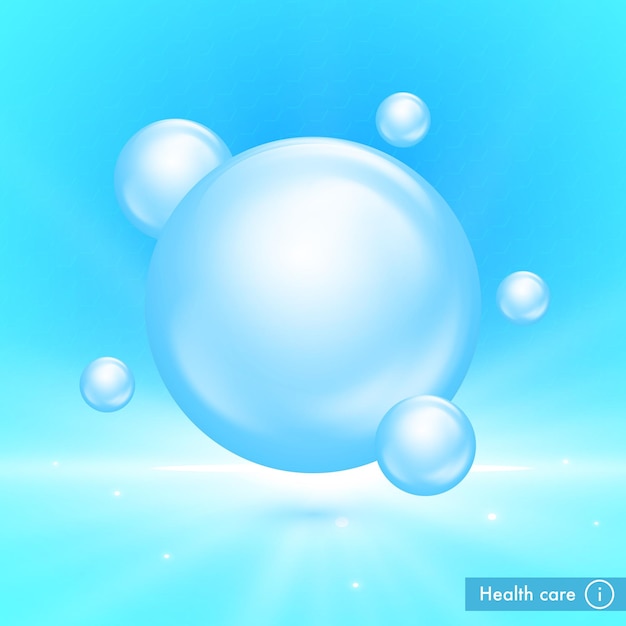 Water bubbles on blue background Vitamin complex for medical and scientific concept design 3d