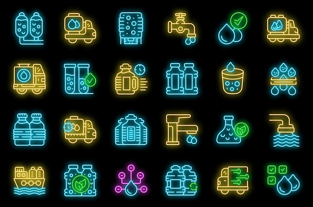 Water carrier icons set vector neon