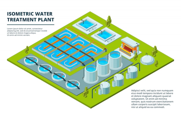 Water cleaning factory. Sewage treatment purification industry watering pipe systems and processes  isometric pictures