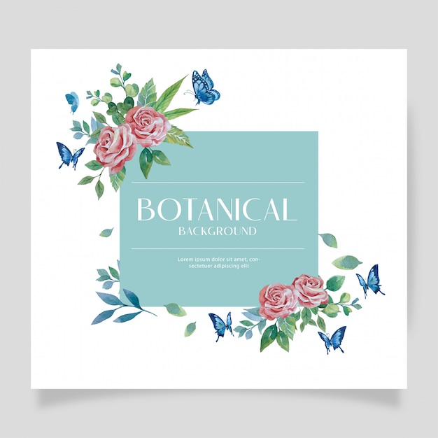 Water color red rose botanical style on corner design with blue butterfly on turquoise background illustration frame