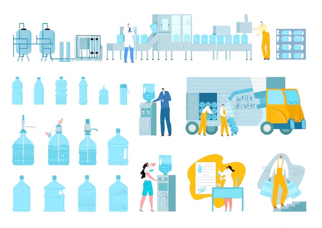 Water delivery set, plastic bottles, gallon, blue fresh drink  illustrations. Watering plant, workers, deliveryman and aqua truck, cooler. Canisters and watered containers of healthy beverage.