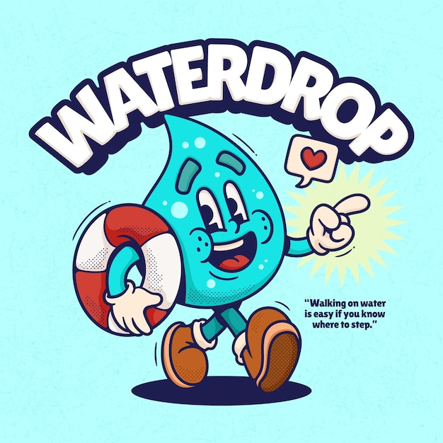 Water Drop Cute Trendy Retro Cartoon Vector Hand Drawn