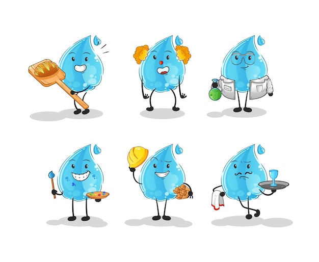 water drop profession set character. cartoon mascot vector