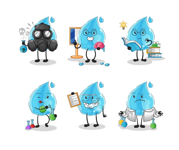 Water drop scientist group character. cartoon mascot vector