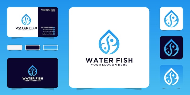 Water drop with negative space fish logo, and business card design