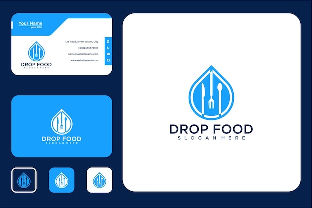 water drop with spoon and fork logo design and business card