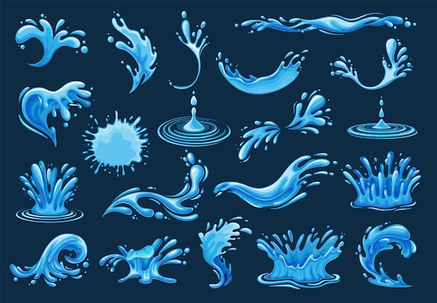 Water drops. Splashes or spill water elements, isolated vector illustration. Current drops, waves, tears and spray.