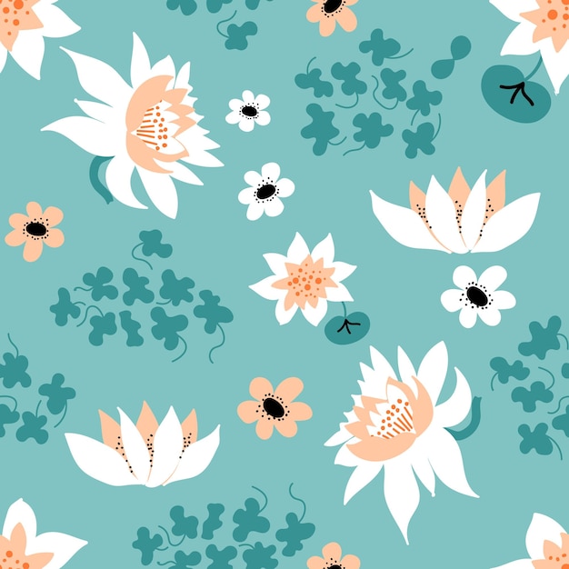 Water lilies duckweed and abstract flowers Floral seamless pattern Vector background