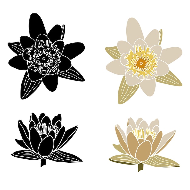 Water lily flower silhouette set Isoalted on white background