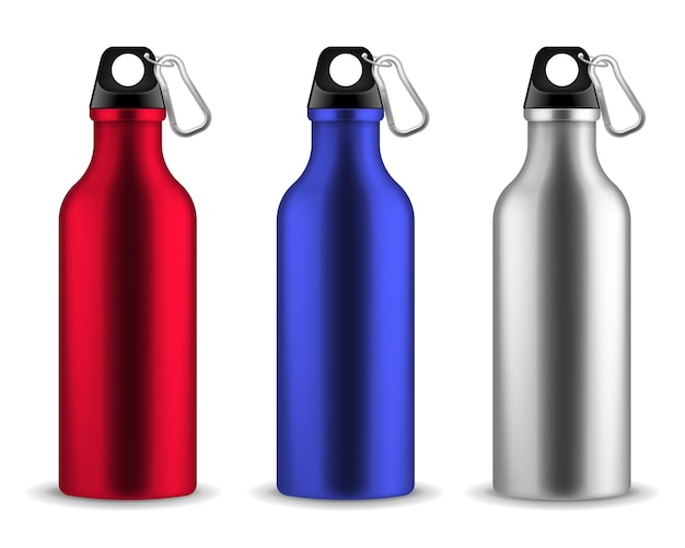 Water metal bottle Reusable drinking blank bottles with lid and carabiner drink aluminum fitness flask sports or tourist realistic stainless tin beverages Vector 3d isolated set