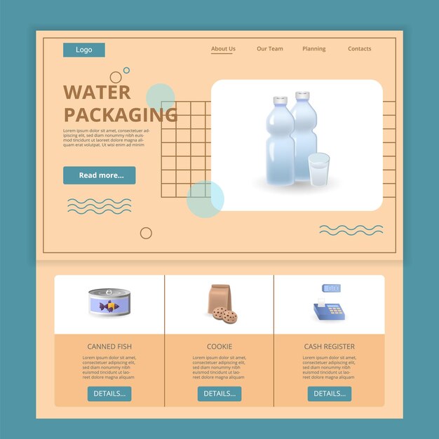 Water packaging flat landing page website template canned