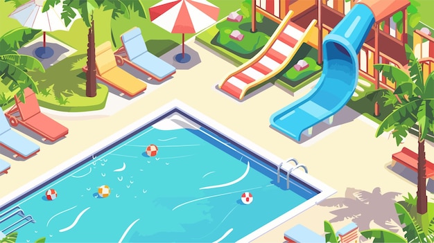 Vector water park concept with slide and sun loungers